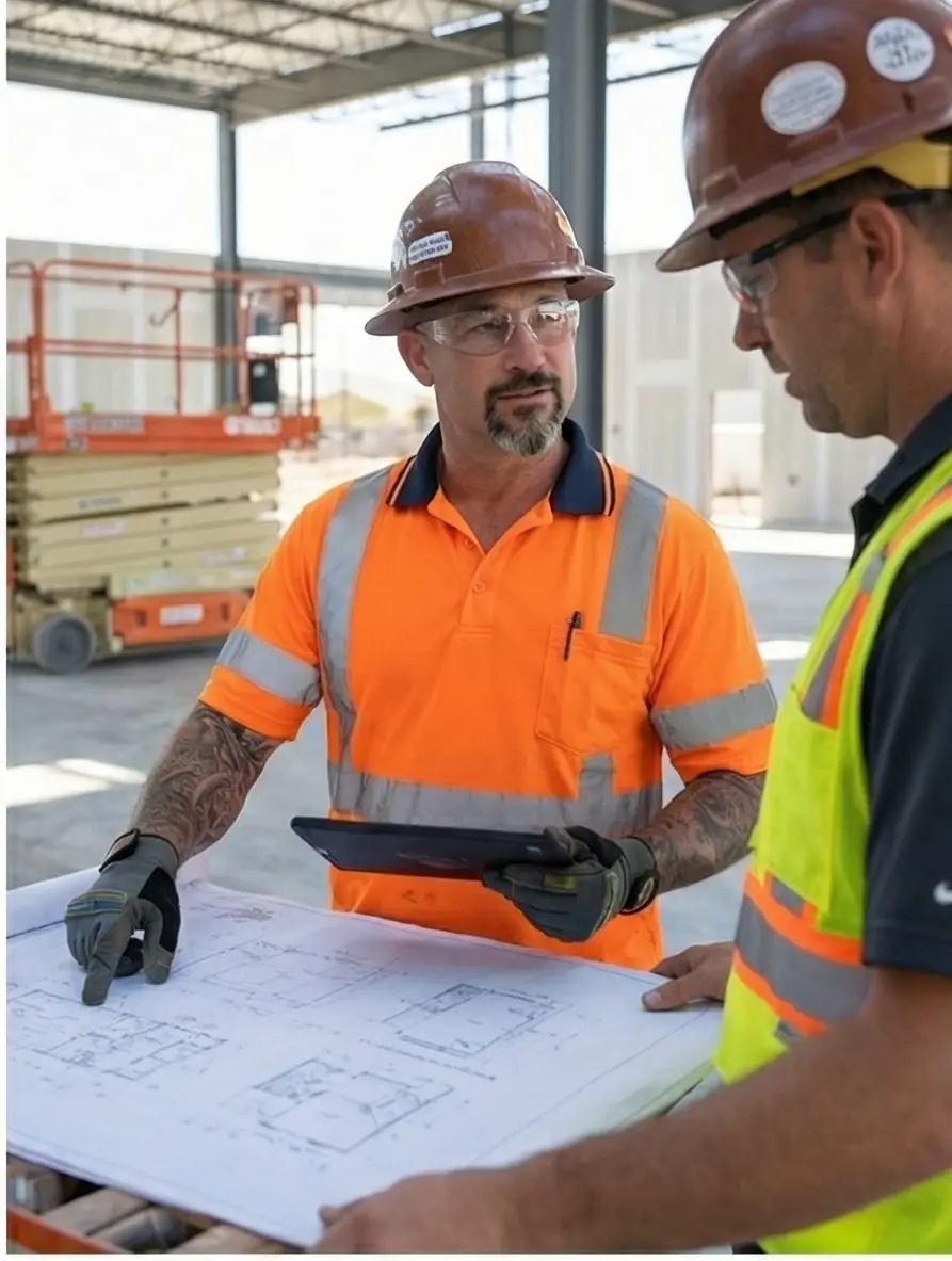 Team members reviewing construction drawings on site